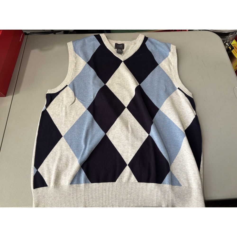 Vintage Mens Argyle Blue  Business Casual Sweater Vest Mercer Street Studio XXL